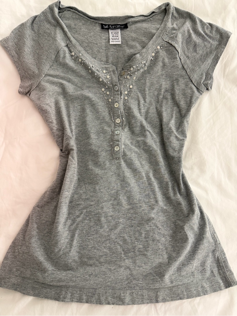 Y2K Self Esteem Gray Short Sleeve Henley Top with Rhinestone Accents